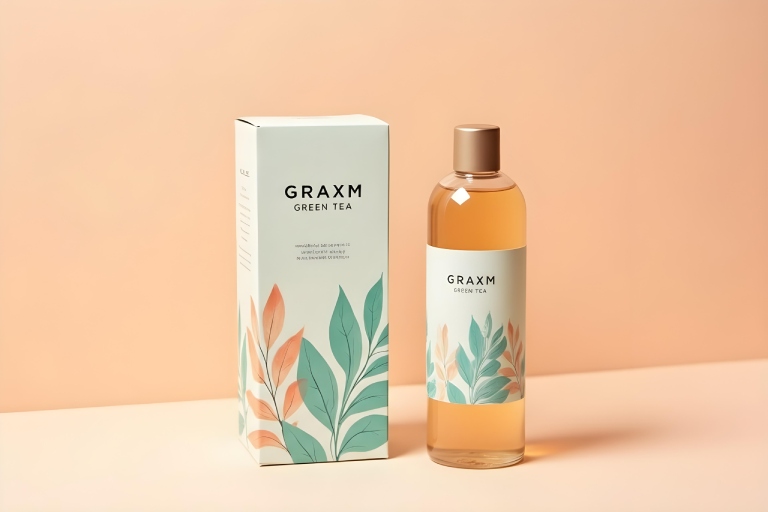 Premium green tea packaging: leaf-illustrated product box and matching product label